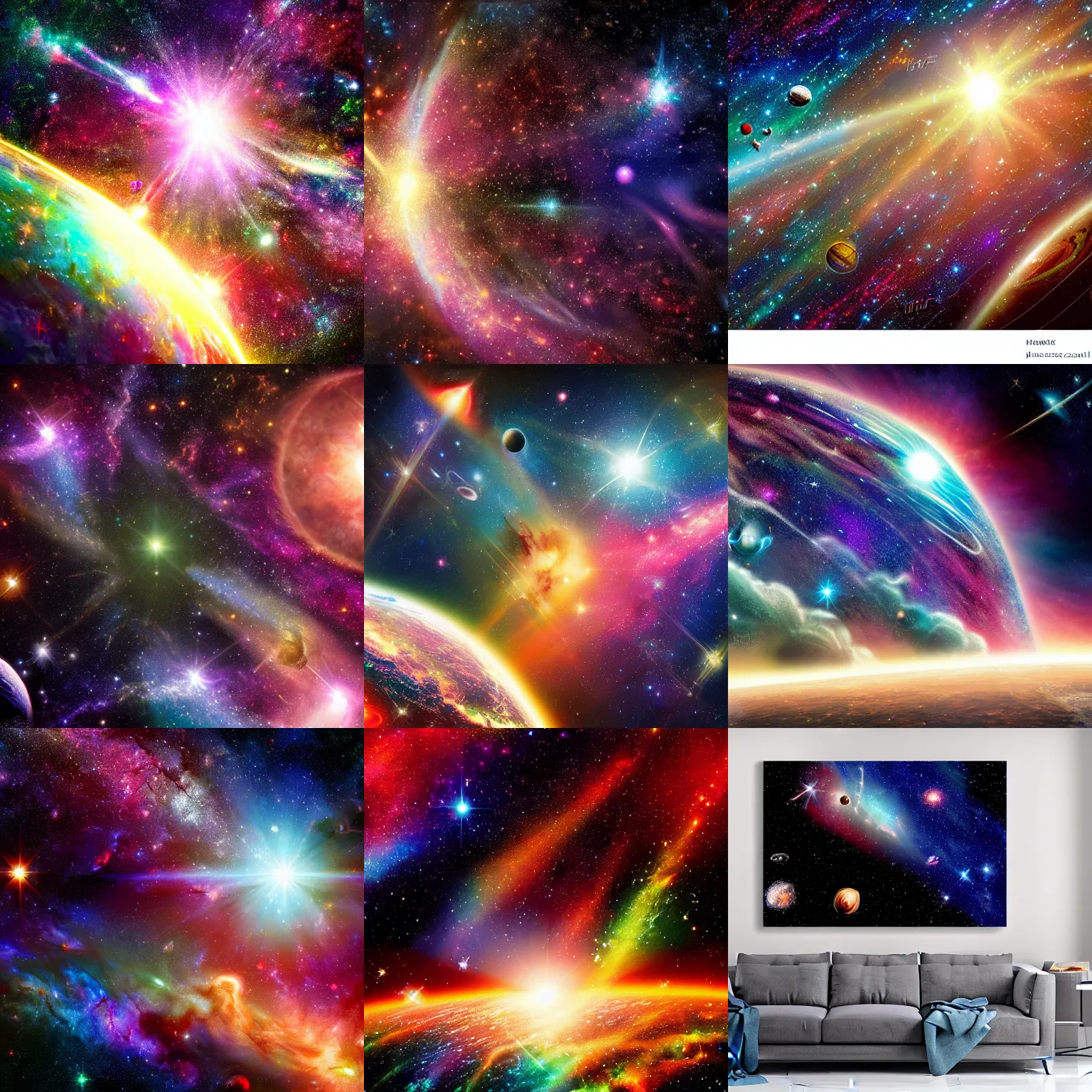 Prompt: Massive epic space scene with iridescent multicolored stars, Hubble deep field background, rich powerful intricate detailed realistic artistic, planets with megastructures on them, lens flares