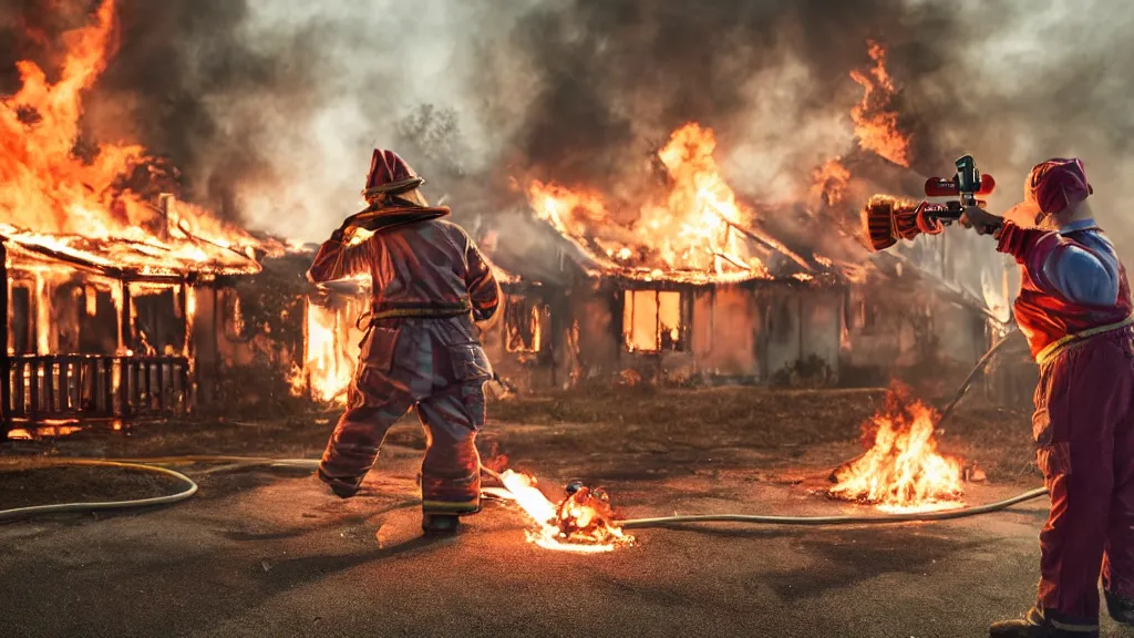 Prompt: photo of a clown using a flamethrower. In the background there is a house fire. award-winning, highly-detailed, 8K