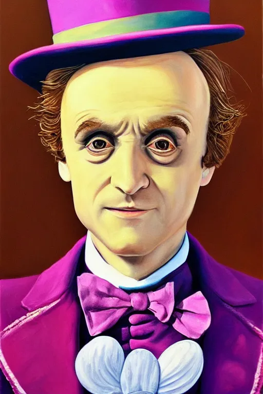 Image similar to Ibai Llanos dressed as Willy Wonka, highly detailed, oil on canvas