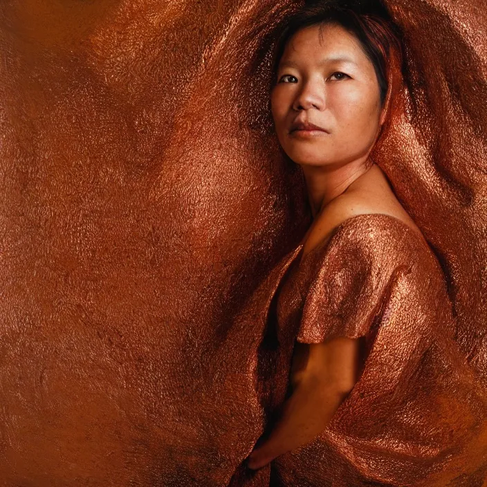 Image similar to closeup portrait of a woman wrapped in copper fiber, standing in el nido in philippines, color photograph, by vincent desiderio, canon eos c 3 0 0, ƒ 1. 8, 3 5 mm, 8 k, medium - format print