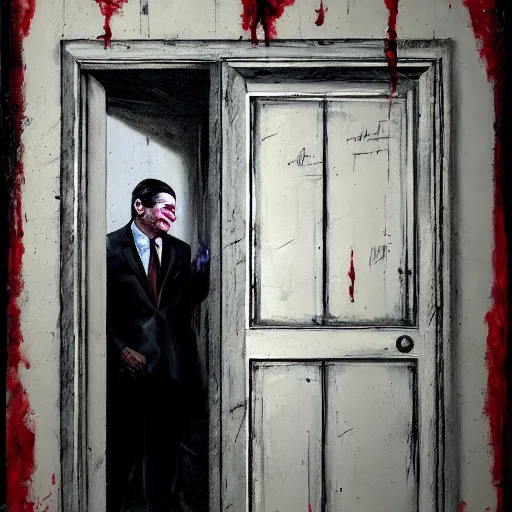 Image similar to Ted Cruz with a wide grin wielding a bloody hatchet peaking through a door in the distance at the end of a narrow corridor, black and white, creepy lighting, scary, horror, ornate, eerie, fear, oil painting