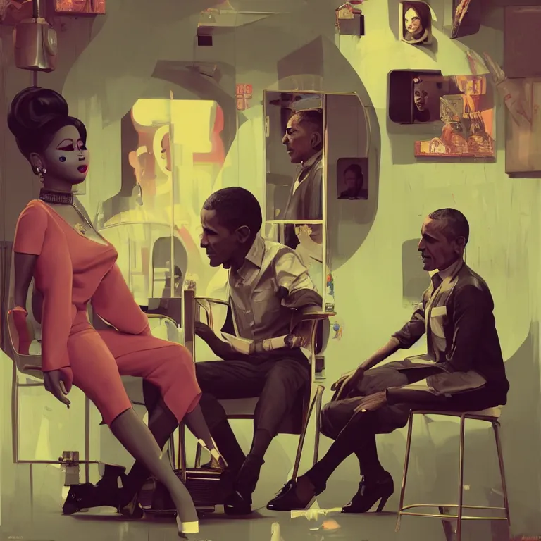 Image similar to tritone 1 9 6 0 s concept illustration portrait of nicki minaj sitting next to barack obama in a barbershop. cinematic scene. volumetric lighting. golden ratio accidental renaissance. by sachin teng and sergey kolesov and ruan jia and heng z. graffiti art, scifi, fantasy, hyper detailed. octane render. concept art. trending on artstation.