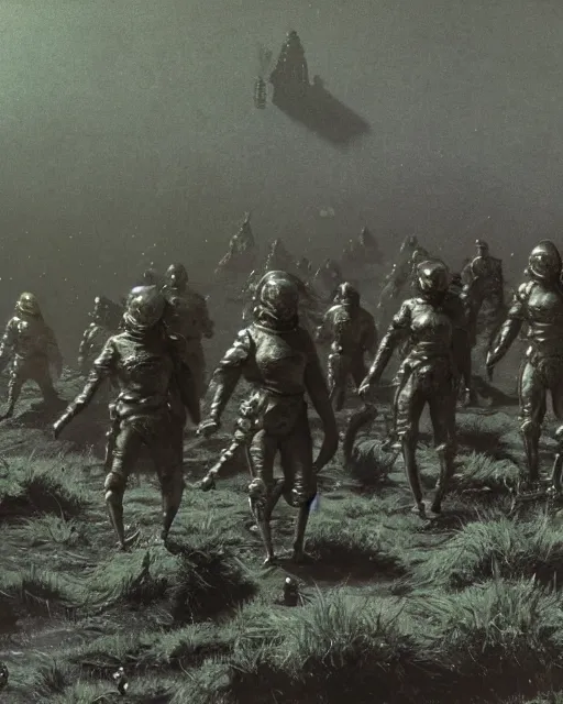 Image similar to group of sardaukar soldiers in a chlorine swamp, retrofuturism sci - fi old movie, highly detailed, photorealistic, 8 k, by beksinski and stalenhag