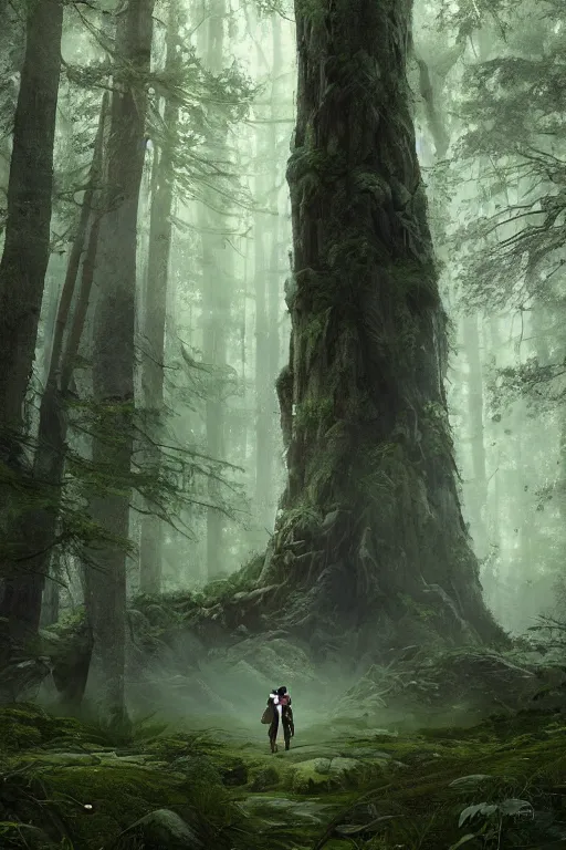 Image similar to A small character standing before a giant in a beautiful forest by Greg Rutkowski, Sung Choi, Mitchell Mohrhauser, Maciej Kuciara, Johnson Ting, Maxim Verehin, Peter Konig, final fantasy , 8k photorealistic, cinematic lighting, HD, high details, atmospheric,