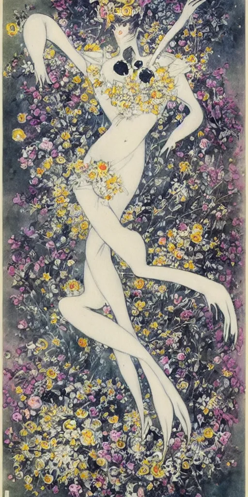 Prompt: Louis Icart, an old elaborate painting of an abstract robot tornado made entirely out of flowers, highly detailed, swirling, flowing, dancing, dreaming, bursting with positive energy, happy, creative, masterpiece