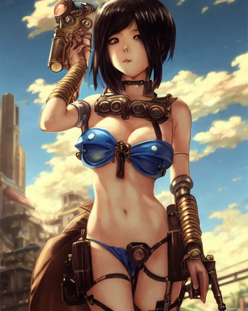 Image similar to portrait Anime Girl in bikini armor steampunk cute-fine-face, pretty face, realistic shaded Perfect face, fine details. Anime. Bioshock steampunk realistic shaded lighting by katsuhiro otomo ghost-in-the-shell, magali villeneuve, artgerm, rutkowski Jeremy Lipkin and Giuseppe Dangelico Pino and Michael Garmash and Rob Rey