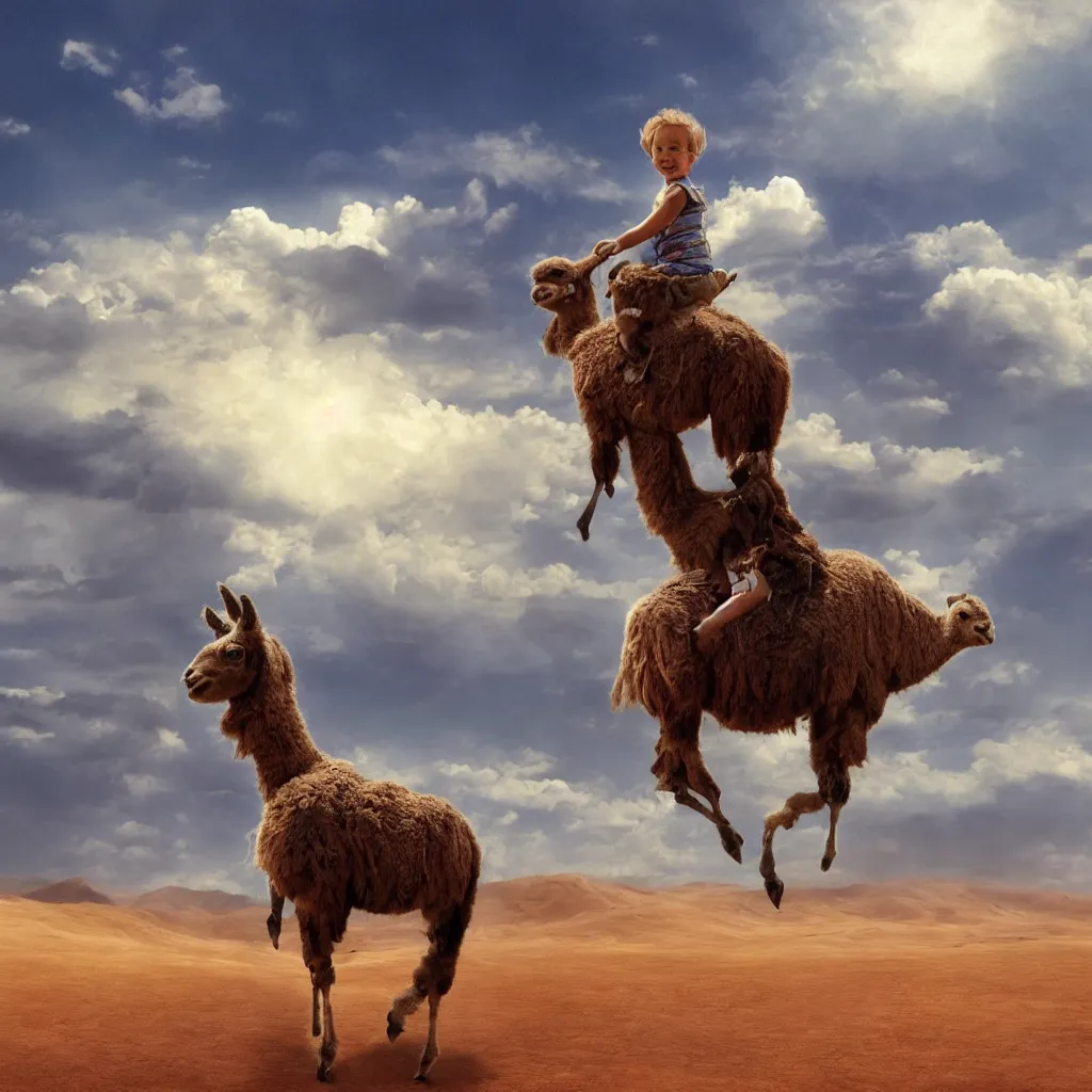 Image similar to A baby riding a Lama in the desert, cloudy sky, digital art, matte painting, style by alex ross,