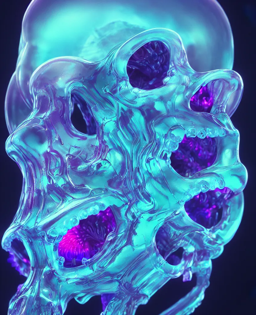 Image similar to close-up portrait of skull dichroic orchid jellyfish skull, betta fish, bioluminiscent creatures, intricate artwork by Tooth Wu and wlop and beeple. octane render, trending on artstation, greg rutkowski very coherent symmetrical artwork. cinematic, hyper realism, high detail, octane render, 8k