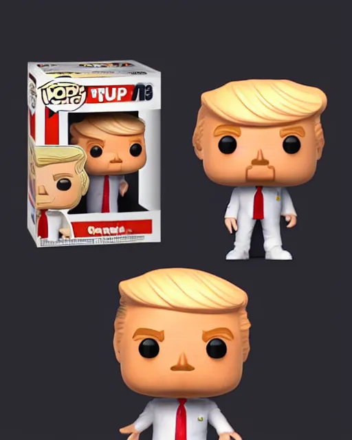 Image similar to full body 3d render of funko pop donald trump as a funko pop, orange wrinkly skin, studio lighting, white background, blender, trending on artstation, 8k, highly detailed