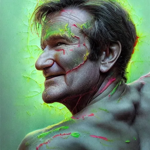 Image similar to a Demon Slayer portrait of Robin Williams, tall, pale-skinned, slender with lime green eyes and long eyelashes by Stanley Artgerm, Tom Bagshaw, Arthur Adams, Carne Griffiths, trending on Deviant Art, street art, face enhance, chillwave, maximalist, full of color, glittering