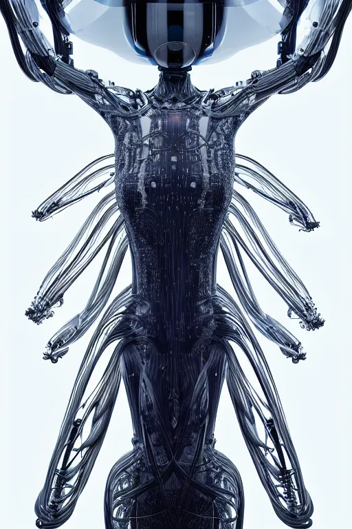 Image similar to background space station, dark inflateble dress iris van herpen positing on floor, helmet instead of a head, perfect symmetrical, full body shot, inflateble shapes, wires, tubes, veins, jellyfish, white biomechanical details, wearing epic bionic implants, masterpiece, intricate, biopunk, vogue, highly detailed, artstation, concept art