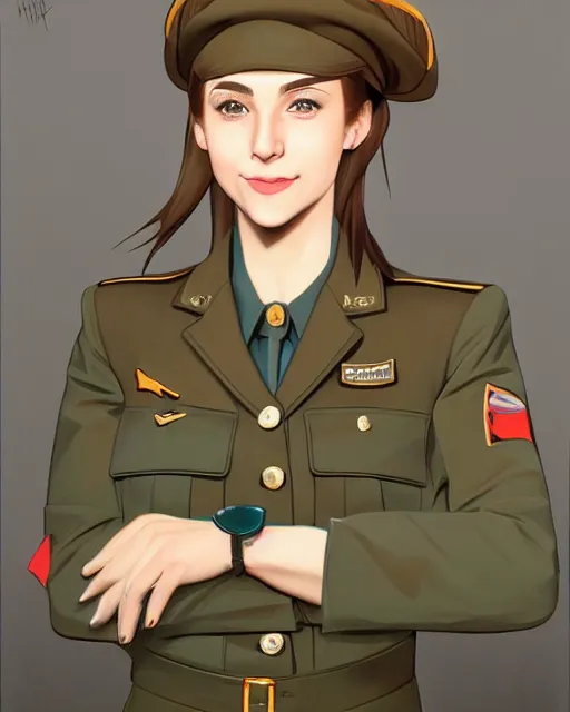 Image similar to portrait of young woman with light brown hair and hazel eyes dressed in a sharp dark teal military uniform with beret, smiling, ilya kuvshinov, anime