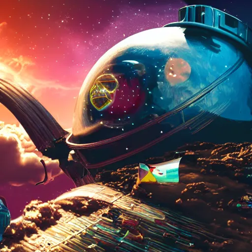 Prompt: photorealistic picture of a futuristic pirate in outer space riding a cyberpunk guinea pig