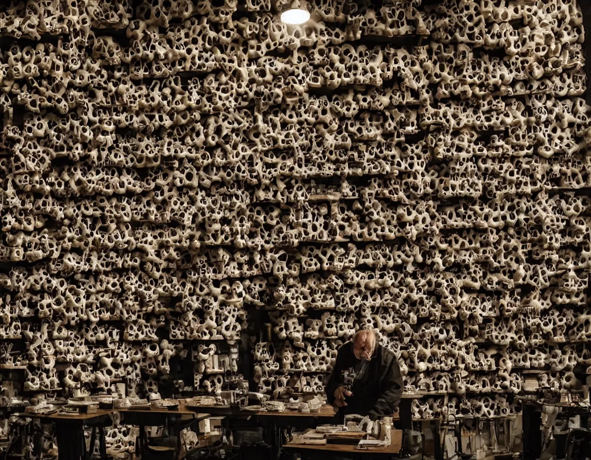 Prompt: mad scientist hunched over a table in his laboratory, surrounded by dozens of shelves of skulls, all different sizes and shapes. Eerie lighting, photographic, cinematic, dramatic, establishing shot