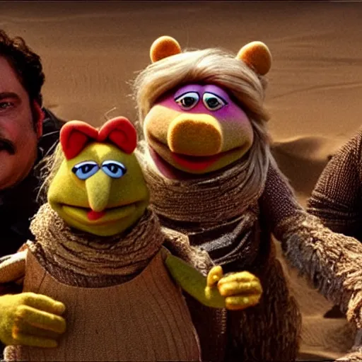 Image similar to The muppets in Dune (2021) wide angle battle scene, highly textured, hyperrealism, god rays, award winning, gritty