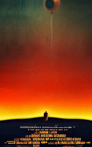 Prompt: A movie poster!! for an indie short film with a man in a peacful! apocalyptic landscape, Roger Deakins!!, Christopher Nolan, Highly Detailed, Stylized, Digital Art