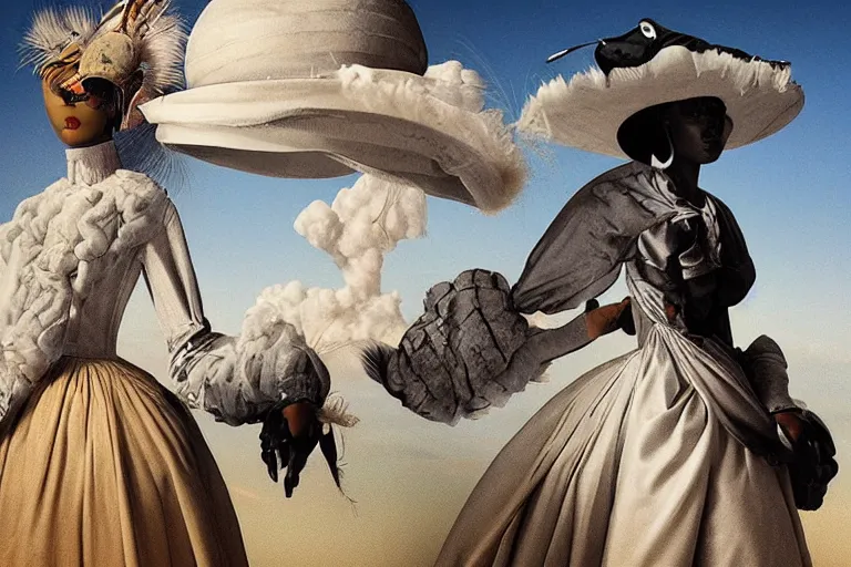 Image similar to a woman walking down a runway with a large cloudy hat on her head, a surrealist sculpture by alessandro allori, trending on behance, afrofuturism, made of feathers, whimsical, steampunk