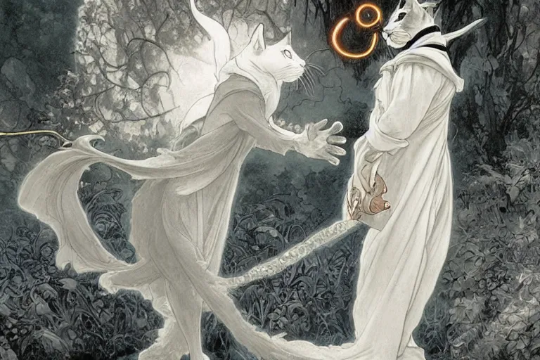 Image similar to an anthropomorphic black and white cat wearing long flowing robes teaches his apprentice a new magical spell in front of a magical gateway to another universe, illustration by Boris Vallejo, rutkowski, thomas kindkade, alphonse mucha, loish, norman rockwell, artstation, furaffinity