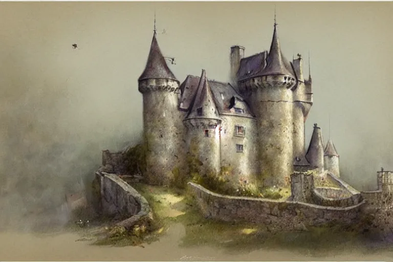 Prompt: 1950s castle . muted colors. by Jean-Baptiste Monge