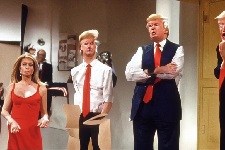 Prompt: a still of donald trump confused that they are in an episode of kids in the hall