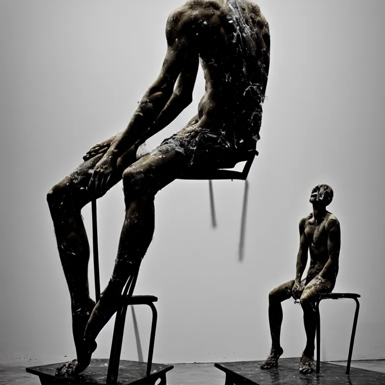 Image similar to a sculpture of a person sitting on top of a chair, a white marble sculpture by nicola samori, behance, neo - expressionism, marble sculpture, apocalypse art, made of mist