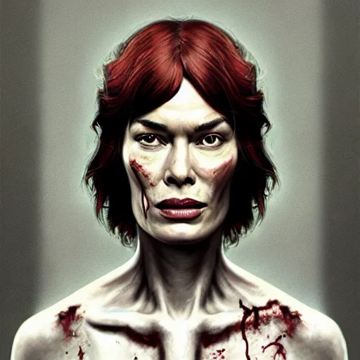 Image similar to color head portrait of lena headey promoting a skin care product as a zombie, 7 days to die zombie, gritty background, fine art, award winning, intricate, elegant, sharp focus, cinematic lighting, digital painting, 8 k concept art, art by michael hussar, art by brom, art by guweiz and z. w. gu, 8 k