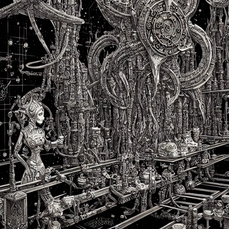 Image similar to ancient alchemist wizards laboratory, high details, intricately detailed, by vincent di fate, inking, 3 color screen print, masterpiece, trending on artstation, etching, sharp, details, hyper - detailed, hd, 4 k, 8 k