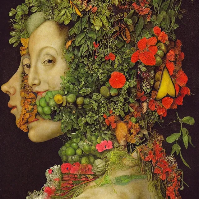 Prompt: a beautiful profile portrait of a beautiful female, leaves, by giuseppe arcimboldo,, psychedelic, surreal, dreamlike, environmental friendly, nature.