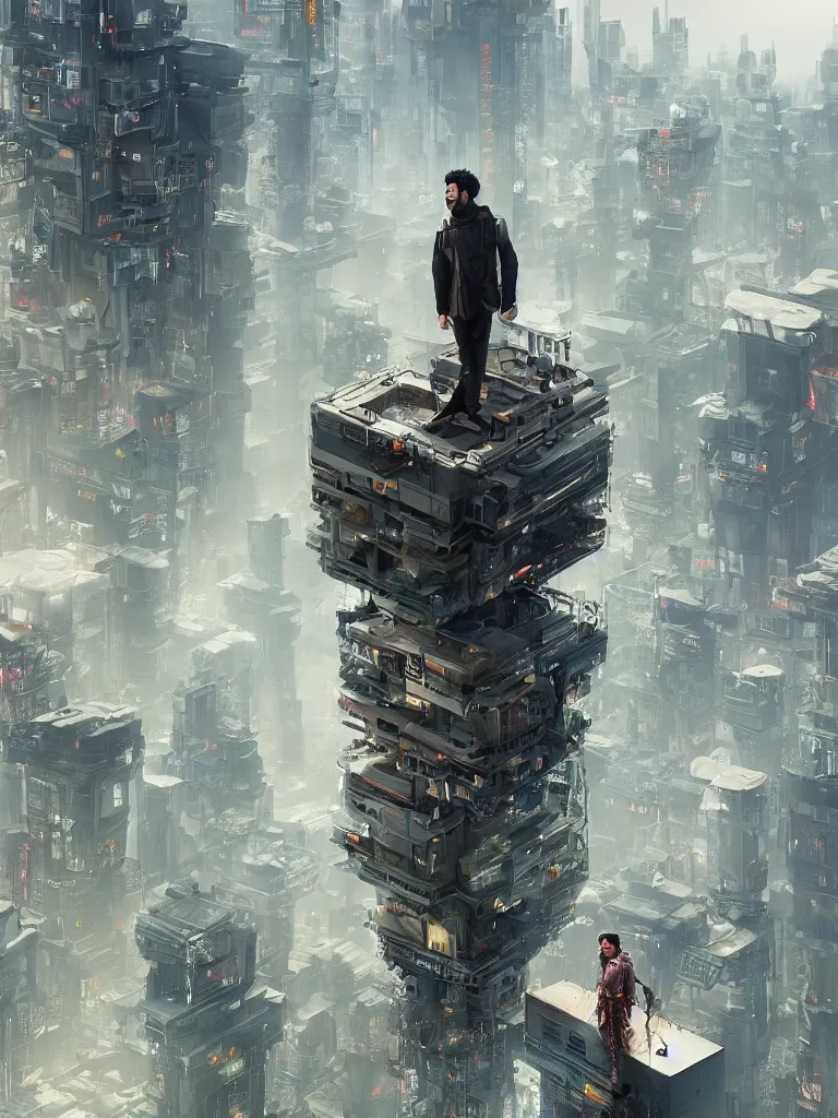 Image similar to a curly - haired persian guy standing on top of a building over a city, cyberpunk art by vincent lefevre, behance contest winner