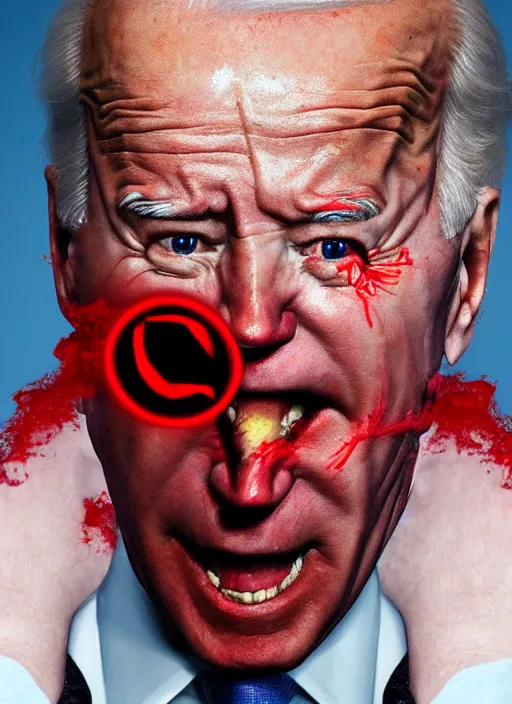 Image similar to Joe Biden, hyper realistic ultra realistic horror terror dimensional photo furious glowing red eyes, extreme fear, panic, psychotic, Joe Biden , high quality photo, detailed , 8k