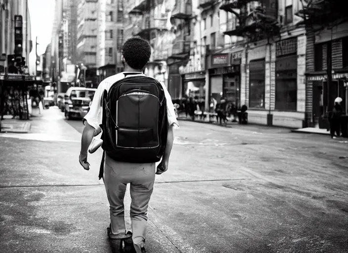 Image similar to photography of a Cat being carried in a backpack . in a new york street. award winning photo, led lighting, night, 130mm, sharp, high res