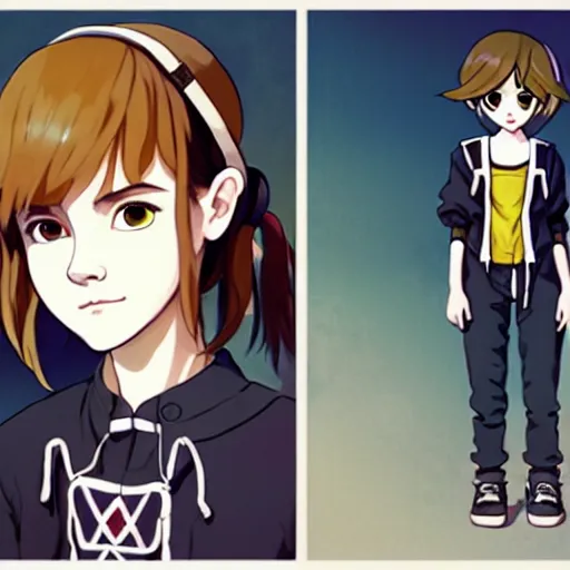 Image similar to beautiful boyish emma watson in majora's mask, wearing oversized mayan bomber jacket with overalls and leotard, bulky poofy bomber jacket with mayan patterns, aztec street fashion, gapmoe yandere grimdark, trending on pixiv fanbox, painted by greg rutkowski makoto shinkai takashi takeuchi studio ghibli, akihiko yoshida