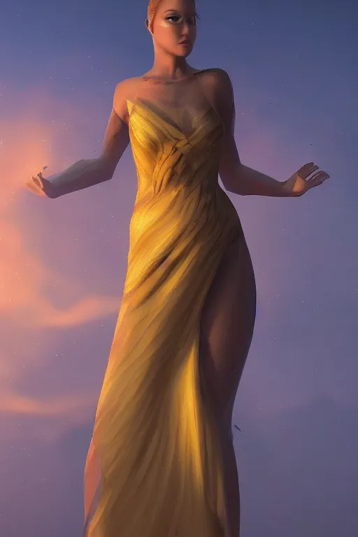 Prompt: a dress made of healing orgonite at sunset, dramatic lighting, beautiful stunning, featured on artstation, cgsociety behance hd