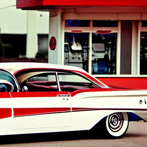 Image similar to 3 5 mm film photo of a white 1 9 6 0 s chevy impala with a red interior outside an old gas station