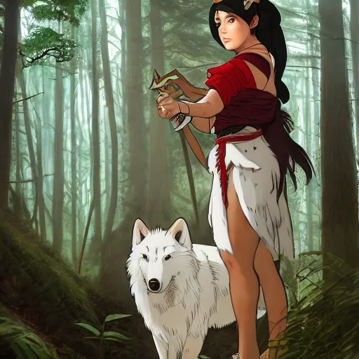 Prompt: Princess Mononoke as a real person ((asian woman with red facepaint)) determined expression, standing next to a giant white wolf, in a forest, by Artgerm,Greg Rutkowski,Alphonse Mucha, 4k resolution, highly detailed