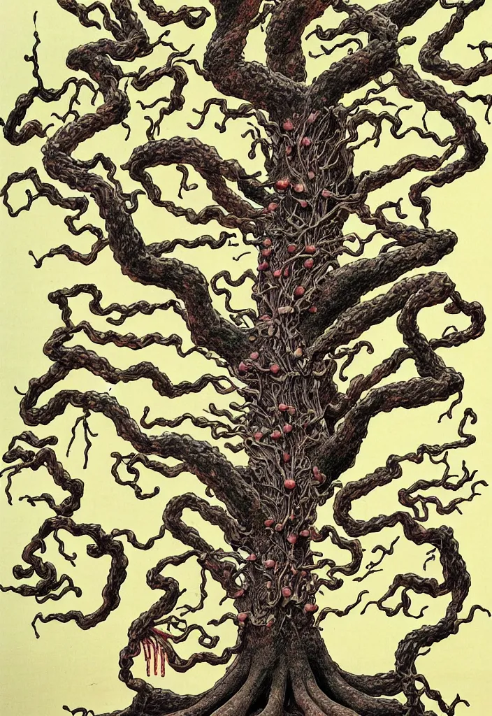 Prompt: prompt: anatomy dissection drawing veins and organs tree character drawn by Takato Yamamoto, bonsai anatomy atlas, veins and organs attached to tree roots, alchemical objects inspired by 1980's sci-ci, old experimentation cabinet, intricate oil painting detail, manga 1980