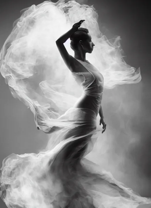 Prompt: a Photorealistic dramatic hyperrealistic render of a beautiful Female smoke dancer by Ken Brower and Deborah Ory of NYC Dance project,Lois Greenfield,Flowing cloth and smoke,Beautiful dynamic dramatic dark moody lighting,volumetric,shadows,cinematic atmosphere,Octane render,8K