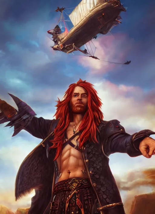 Prompt: An epic fantasy comic book style portrait painting of a long haired, red headed male sky-pirate in front of an airship yu-gi-oh style , unreal 5, DAZ, hyperrealistic, octane render, cosplay, RPG portrait, dynamic lighting
