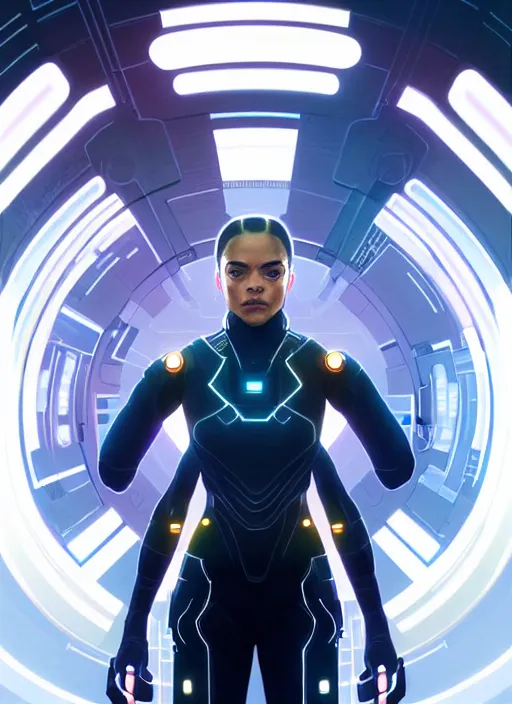 Prompt: symmetry!! portrait of tessa thompson, sci - fi, tech wear, glowing lights!! intricate, elegant, highly detailed, digital painting, artstation, concept art, smooth, sharp focus, illustration, art by artgerm and greg rutkowski and alphonse mucha