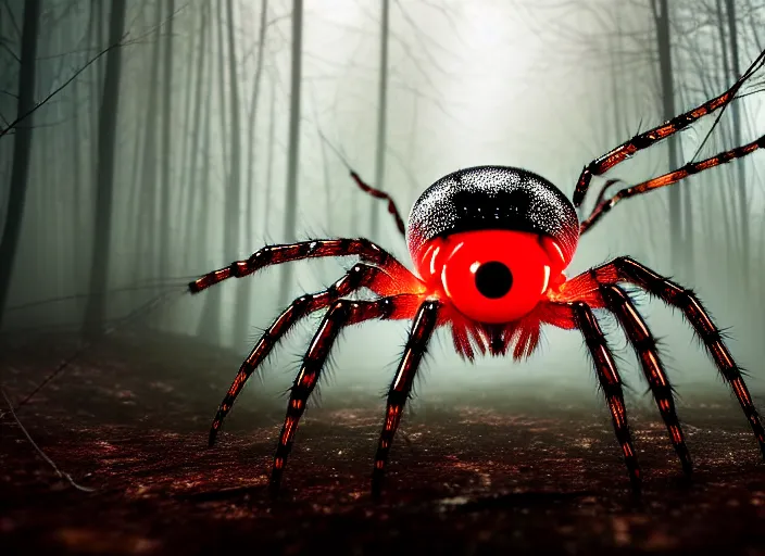 Prompt: white crystal clear spider with huge red eyes, in a foggy glowing forest. highly detailed 8 k. intricate. lifelike. soft light. fantasy horror style. cinematic post - processing, dof.