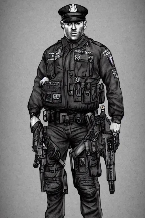 Prompt: london police officer heroically posing, highly detailed, digital art, sharp focus, trending on art station
