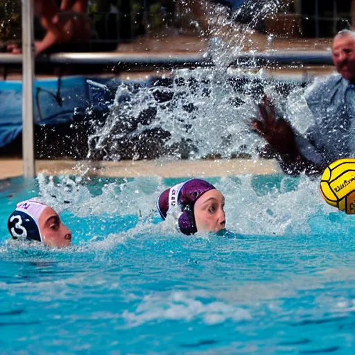 Prompt: hippopotamuses playing water polo against athletes. sports photograph.