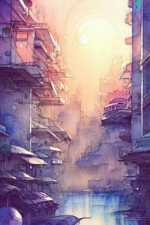 Image similar to beautiful happy picturesque charming sci - fi city in harmony with nature. beautiful light. nice colour scheme, soft warm colour. beautiful detailed watercolor by lurid