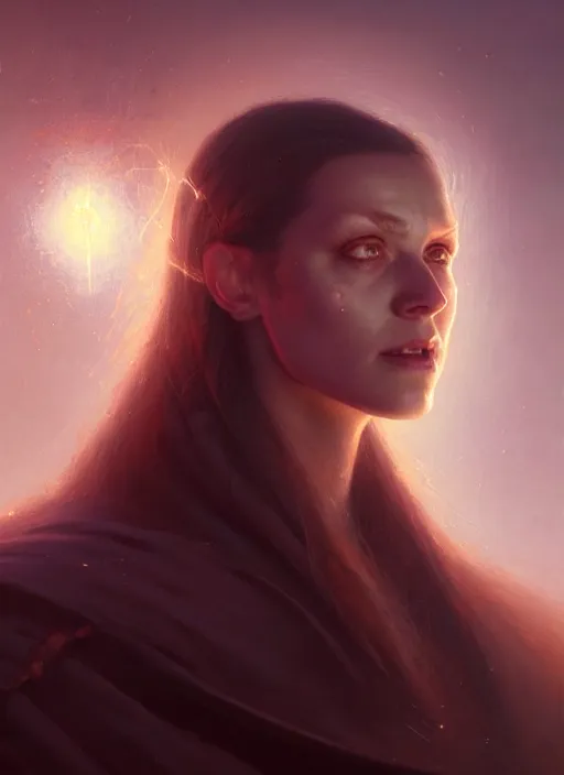 Image similar to closeup realistic portrait of a female necromancer, backlit, oil painting, concept art, filip hodas, john howe, mike winkelmann, jessica rossier, andreas rocha, bruce pennington, albert bierstadt, peter mohrbacher, donato giancola, joseph christian leyendecker, wlop, boris vallejo