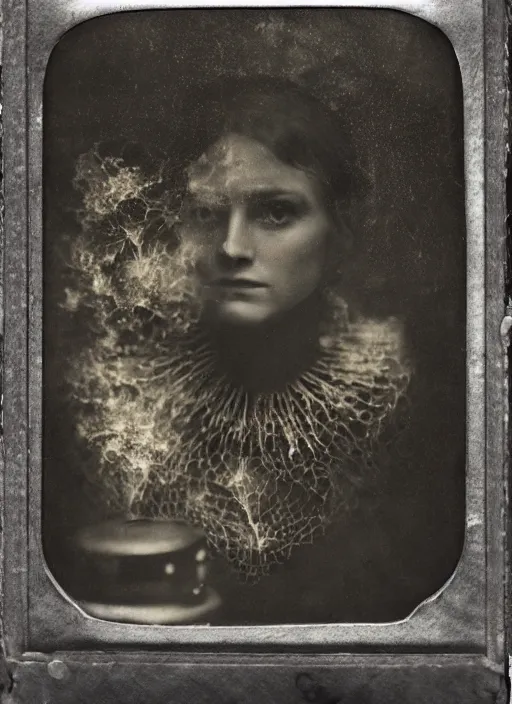 Image similar to old wetplate daguerreotype portrait, explosion of data fragments, fractal, intricate, elegant, highly detailed, parallax, leica, medium format, subsurface scattering, by marie harnett