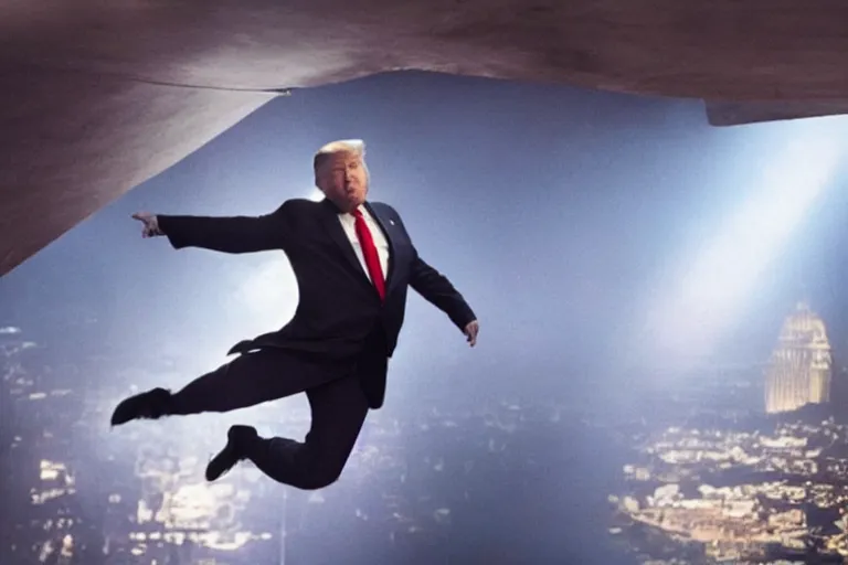 Image similar to movie still of donald trump in mission impossible ceiling, cinematic lighting