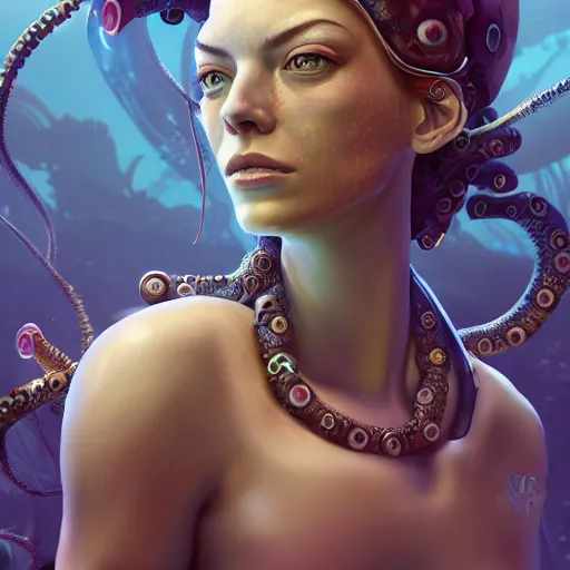 Image similar to underwater biopunk pirate portrait of emma stone, octopus, hyper detailed, digital art, trending in artstation, cinematic lighting, studio quality, smooth render, unreal engine 5 rendered, octane rendered, art style by klimt and nixeu and ian sprigger and wlop and krenz cushart.