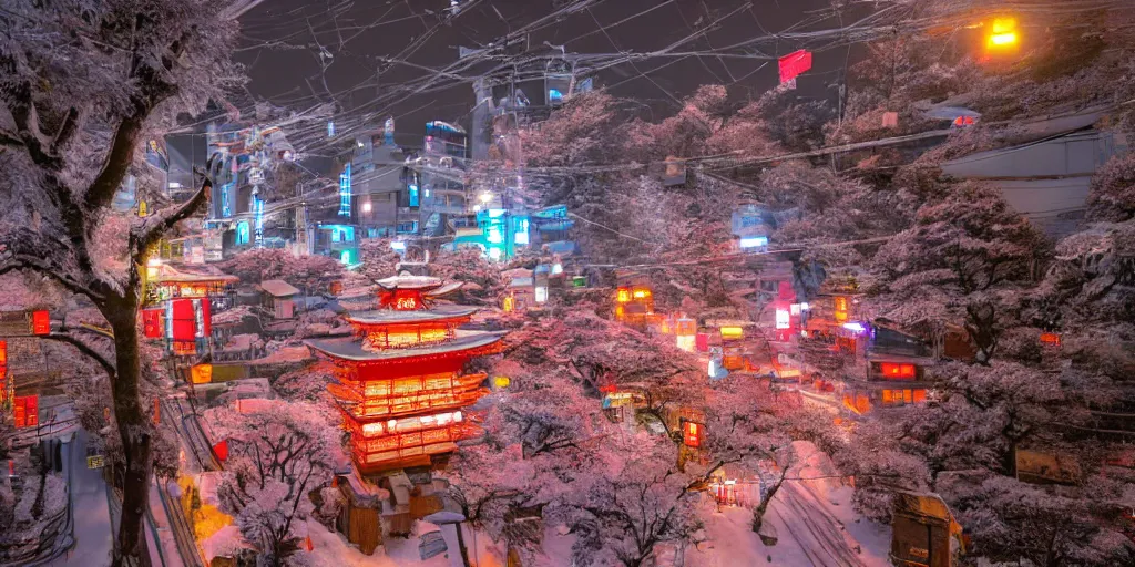 Prompt: a Japanese cyberpunk shrine, snowing, photograph,, sharp focus, intricate detail, drone shot, high resolution, 8k, neon streetlights, wires hanging down everywhere, Japan, colourful,,