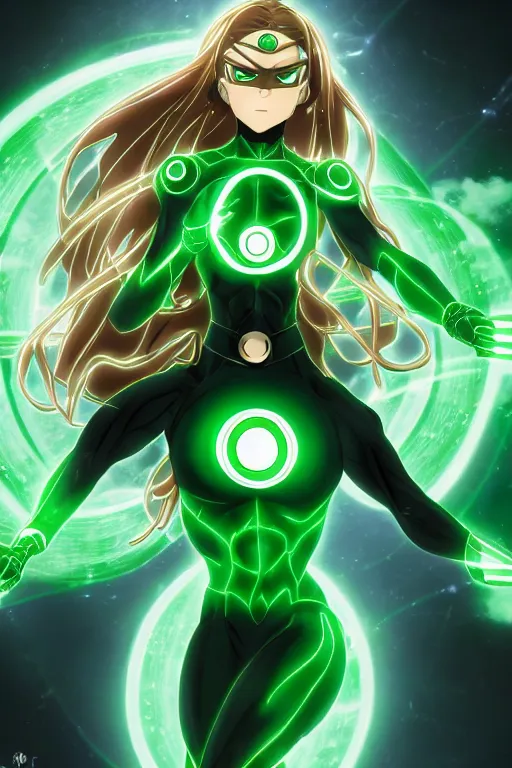 Prompt: anime key visual of a beautiful female green lantern, intricate, glowing accents, powers, glowing ring, speed, goddess, dc comics, cinematic, stunning, highly detailed, digital painting, artstation, smooth, hard focus, illustration, character concepts by senior concept artist