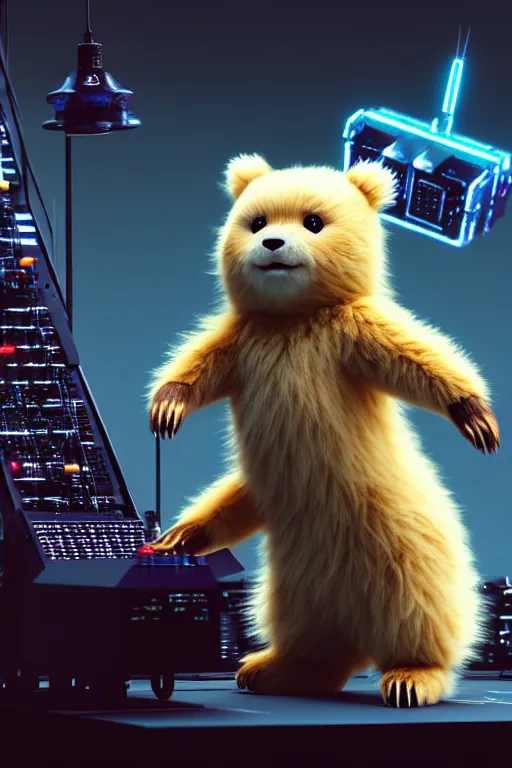 Image similar to high quality 3 d render very cute fluffy cyborg!! bear plays moog synthesizer, cyberpunk highly detailed, unreal engine cinematic smooth, in the style of blade runner & detective pikachu, hannah yata charlie immer, moody light, low angle, uhd 8 k, sharp focus